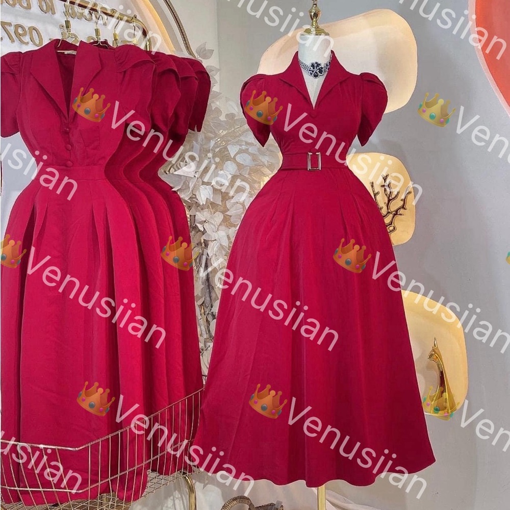 Red Padded Maxi Dress with belt fashion dress